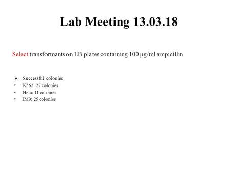 Select transformants on LB plates containing 100 μg/ml ampicillin  Successful colonies K562: 27 colonies Hela: 11 colonies IM9: 25 colonies Lab Meeting.