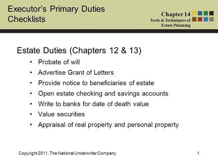 Executor’s Primary Duties Checklists Chapter 14 Tools & Techniques of Estate Planning Copyright 2011, The National Underwriter Company1 Estate Duties (Chapters.