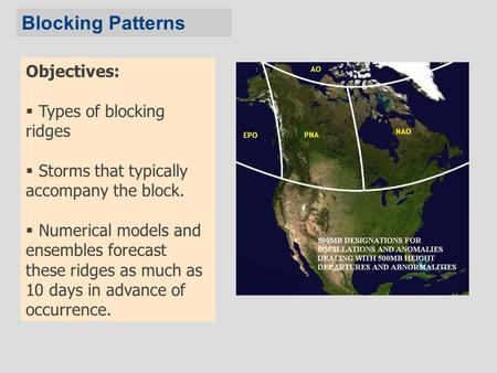 Objectives:  Types of blocking ridges  Storms that typically accompany the block.  Numerical models and ensembles forecast these ridges as much as 10.