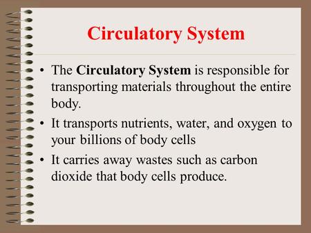 Circulatory System The Circulatory System is responsible for transporting materials throughout the entire body. It transports nutrients, water, and oxygen.