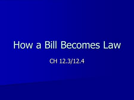 How a Bill Becomes Law CH 12.3/12.4. Types of Bills and Resolutions Bill- a proposed law Public- measures applying to the nation as a whole Private- measures.