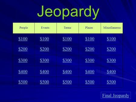 Jeopardy PeopleEventsTermsPlaces $100 $200 $300 $400 $500 $100 $200 $300 $400 $500 Final Jeopardy Miscellaneous $100 $200 $300 $400 $500.