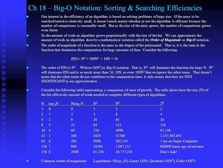 Ch 18 – Big-O Notation: Sorting & Searching Efficiencies Our interest in the efficiency of an algorithm is based on solving problems of large size. If.