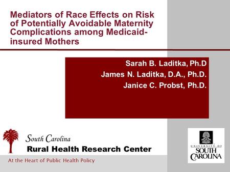 S outh C arolina Rural Health Research Center At the Heart of Public Health Policy Mediators of Race Effects on Risk of Potentially Avoidable Maternity.