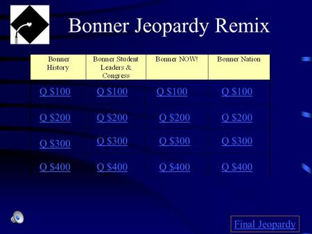Q $100 Q $200 Q $300 Q $400 Q $100 Q $200 Q $300 Q $400 Final Jeopardy Bonner Jeopardy Remix.