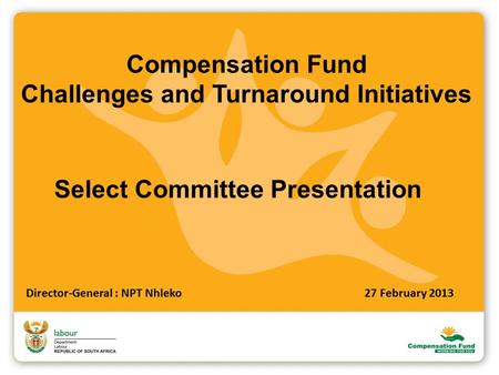 Compensation Fund Challenges and Turnaround Initiatives Select Committee Presentation Director-General : NPT Nhleko27 February 2013.