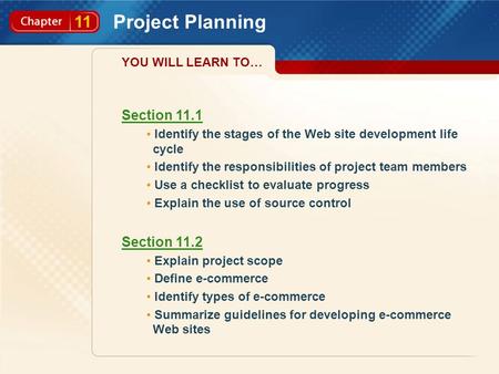 11 Project Planning Section 11.1 Identify the stages of the Web site development life cycle Identify the responsibilities of project team members Use a.