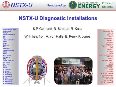 NSTX-U Diagnostic Installations S.P. Gerhardt, B. Stratton, R. Kaita With help from A. von Halle, E. Perry, F. Jones NSTX-U Supported by Culham Sci Ctr.