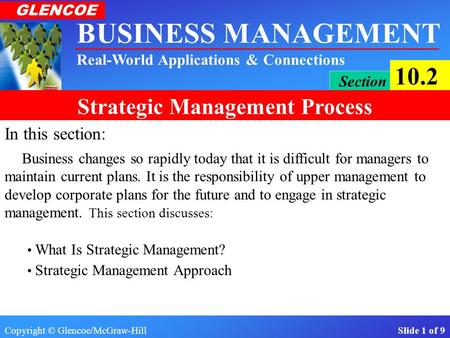 Copyright © Glencoe/McGraw-Hill Slide 1 of 9 BUSINESS MANAGEMENT Real-World Applications & Connections GLENCOE Section 10.2 Strategic Management Process.
