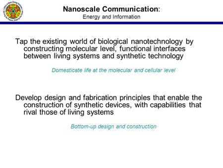 Nanoscale Communication: Energy and Information Tap the existing world of biological nanotechnology by constructing molecular level, functional interfaces.