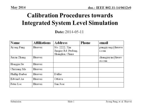 Submission doc.: IEEE 802.11-14/0612r0 May 2014 Jiyong Pang, et. al. HuaweiSlide 1 Calibration Procedures towards Integrated System Level Simulation Date: