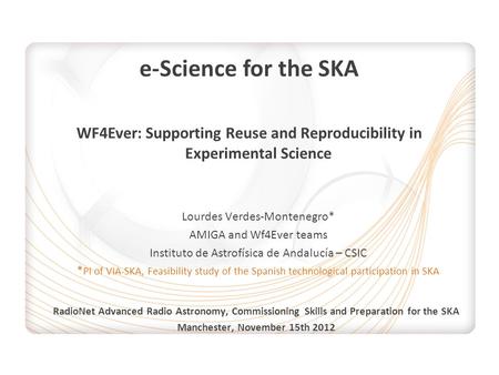 E-Science for the SKA WF4Ever: Supporting Reuse and Reproducibility in Experimental Science Lourdes Verdes-Montenegro* AMIGA and Wf4Ever teams Instituto.