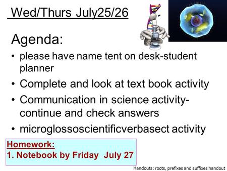 Agenda: please have name tent on desk-student planner Complete and look at text book activity Communication in science activity- continue and check answers.
