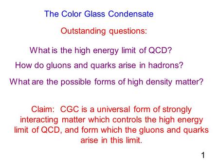 The Color Glass Condensate Outstanding questions: What is the high energy limit of QCD? How do gluons and quarks arise in hadrons? What are the possible.