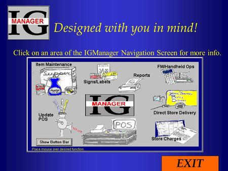 Designed with you in mind! Click on an area of the IGManager Navigation Screen for more info. EXIT.