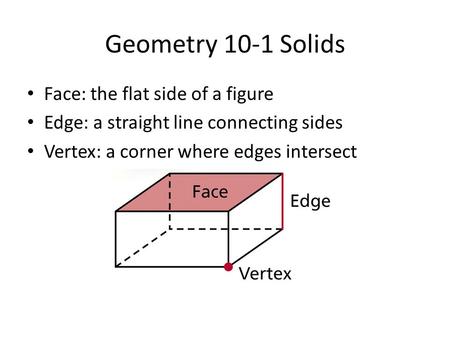 Geometry 10-1 Solids Face: the flat side of a figure