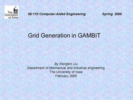 58:110 Computer-Aided Engineering Spring 2005 Grid Generation in GAMBIT By Xiongbin Liu Department of Mechanical and industrial engineering The University.