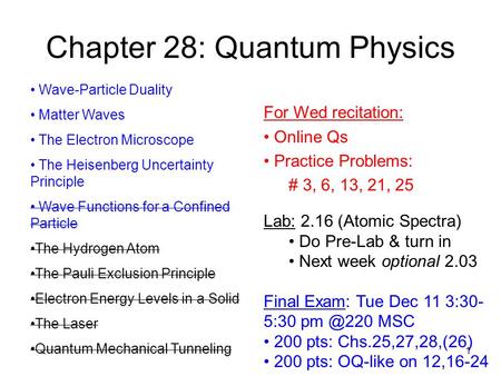 1 Chapter 28: Quantum Physics Wave-Particle Duality Matter Waves The Electron Microscope The Heisenberg Uncertainty Principle Wave Functions for a Confined.