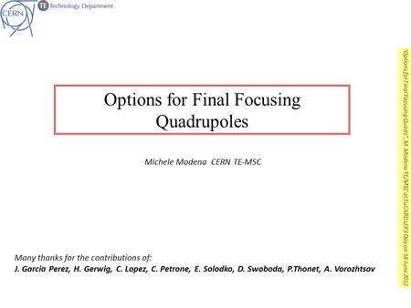 Options for Final Focusing Quadrupoles Michele Modena CERN TE-MSC Many thanks for the contributions of: J. Garcia Perez, H. Gerwig, C. Lopez, C. Petrone,