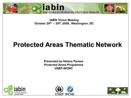 Protected Areas Thematic Network IABIN Vision Meeting October 28 th – 29 th, 2008, Washington, DC Presented by Helena Pavese Protected Areas Programme.
