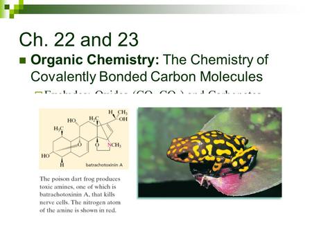 Ch. 22 and 23 Organic Chemistry: The Chemistry of Covalently Bonded Carbon Molecules  Excludes: Oxides (CO, CO 2 ) and Carbonates (Na 2 CO 3 )