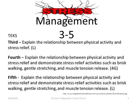 Management 3-5 1 TEKS Third – Explain the relationship between physical activity and stress relief. (L) Fourth – Explain the relationship between physical.