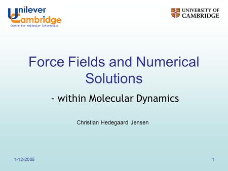 1-12-20051 Force Fields and Numerical Solutions Christian Hedegaard Jensen - within Molecular Dynamics.