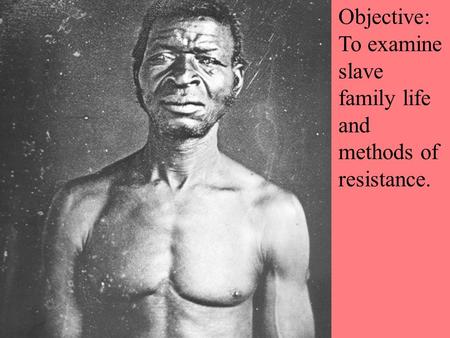 Objective: To examine slave family life and methods of resistance.