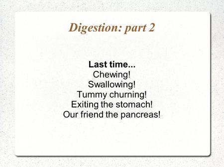 Digestion: part 2 Last time... Chewing! Swallowing! Tummy churning! Exiting the stomach! Our friend the pancreas!