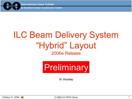 October 31, BDS Group1 ILC Beam Delivery System “Hybrid” Layout 2006e Release Preliminary M. Woodley.