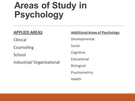 Areas of Study in Psychology APPLIED AREAS Clinical Counseling School Industrial/ Organizational Additional Areas of Psychology Developmental Social Cognitive.