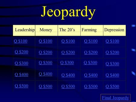 Jeopardy LeadershipMoneyThe 20’sFarming Depression Q $100 Q $200 Q $300 Q $400 Q $500 Q $100 Q $200 Q $300 Q $400 Q $500 Final Jeopardy.