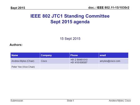 Doc.: IEEE 802.11-15/1030r2 Submission Sept 2015 Andrew Myles, CiscoSlide 1 IEEE 802 JTC1 Standing Committee Sept 2015 agenda 15 Sept 2015 Authors: NameCompanyPhoneemail.