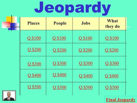 Jeopardy PlacesPeopleJobs What they do Q $100 Q $200 Q $300 Q $400 Q $500 Q $100 Q $200 Q $300 Q $400 Q $500 Final Jeopardy.