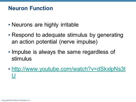 Copyright © 2010 Pearson Education, Inc. Neuron Function Neurons are highly irritable Respond to adequate stimulus by generating an action potential (nerve.