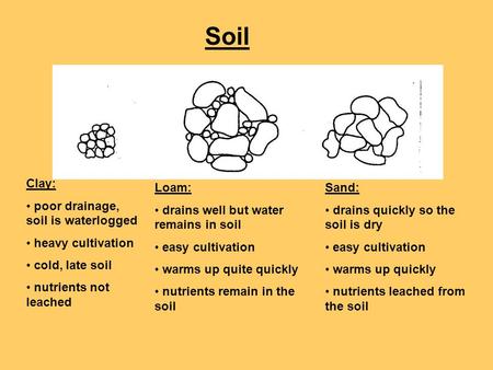 Soil Clay: poor drainage, soil is waterlogged heavy cultivation