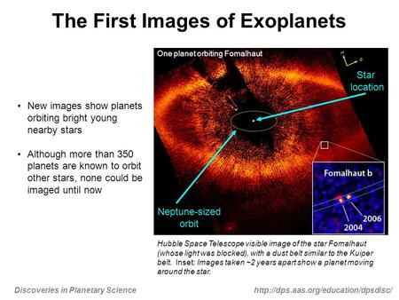 Discoveries in Planetary Sciencehttp://dps.aas.org/education/dpsdisc/ The First Images of Exoplanets New images show planets orbiting bright young nearby.