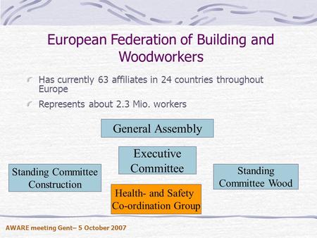 European Federation of Building and Woodworkers Has currently 63 affiliates in 24 countries throughout Europe Represents about 2.3 Mio. workers Executive.
