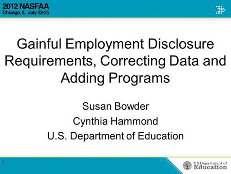 Gainful Employment Disclosure Requirements, Correcting Data and Adding Programs Susan Bowder Cynthia Hammond U.S. Department of Education 1.