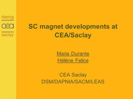 SC magnet developments at CEA/Saclay Maria Durante Hélène Felice CEA Saclay DSM/DAPNIA/SACM/LEAS.