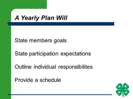 A Yearly Plan Will State members goals State participation expectations Outline individual responsibilites Provide a schedule.