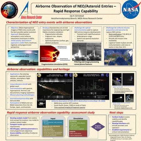 Jay H. Grinstead Aerothermodynamics Branch, NASA Ames Research Center Airborne Observation of NEO/Asteroid Entries – Rapid Response Capability Airborne.