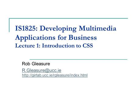 IS1825: Developing Multimedia Applications for Business Lecture 1: Introduction to CSS Rob Gleasure