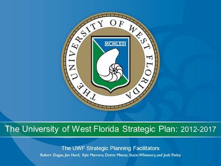 The UWF Strategic Planning Facilitators Robert Dugan, Jim Hurd, Kyle Marrero, Dottie Minear, Stacie Whinnery, and Josh Finley The University of West Florida.