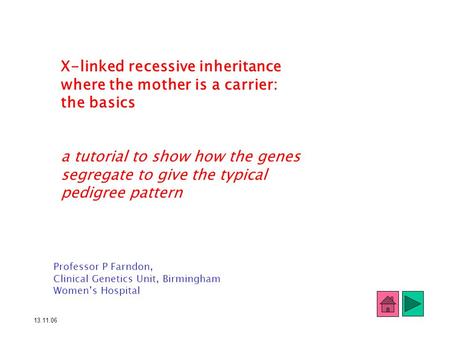 X-linked recessive inheritance where the mother is a carrier: the basics a tutorial to show how the genes segregate to give the typical pedigree pattern.