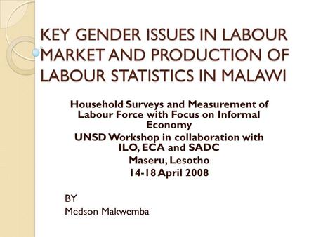 KEY GENDER ISSUES IN LABOUR MARKET AND PRODUCTION OF LABOUR STATISTICS IN MALAWI Household Surveys and Measurement of Labour Force with Focus on Informal.