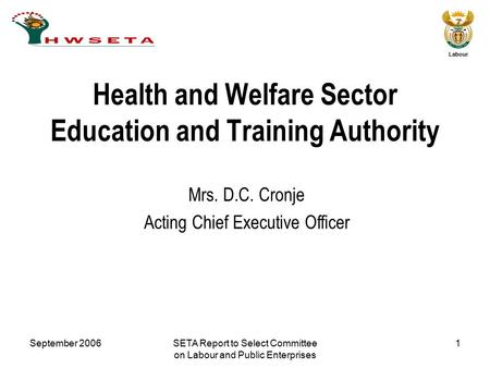 September 2006SETA Report to Select Committee on Labour and Public Enterprises 1 Labour Mrs. D.C. Cronje Acting Chief Executive Officer Health and Welfare.