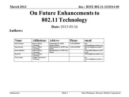 Doc.: IEEE 802.11-13/0314-00 Submission March 2013 Juho Pirskanen, Renesas Mobile CorporationSlide 1 On Future Enhancements to 802.11 Technology Date: