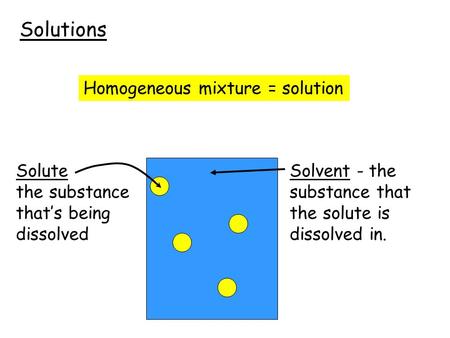 Solutions Homogeneous mixture = solution Solute the substance that’s being dissolved Solvent - the substance that the solute is dissolved in.