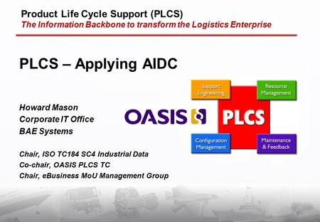 Product Life Cycle Support (PLCS) The Information Backbone to transform the Logistics Enterprise PLCS – Applying AIDC Howard Mason Corporate IT Office.